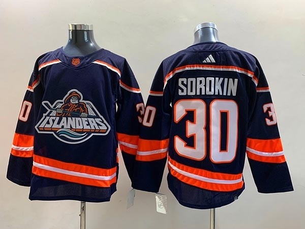 Men's New York Islanders #30 Ilya Sorokin Navy 2022-23 Reverse Retro Stitched Jersey