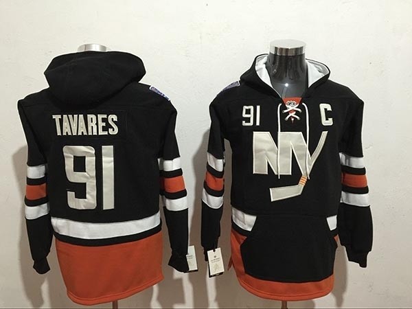 NHL New York Islanders #91 John Tavares Black All Stitched Hooded Sweatshirt