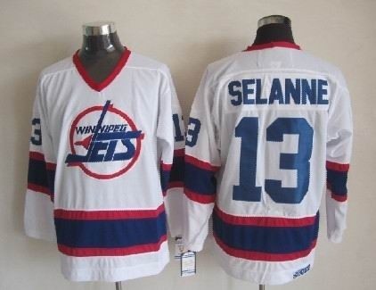 Men's Winnipeg Jets #13 Teemu Selanne White CCM Throwback Jersey