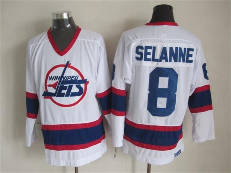 Men's Winnipeg Jets #8 Teemu Selanne White CCM Throwback Jersey