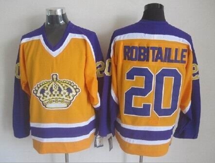 Men's Los Angeles Kings #20 Luc Robitaille Yellow With Purple Throwback CCM Jersey