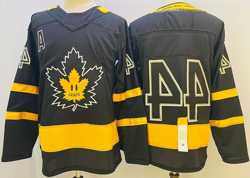 Men's Toronto Maple Leafs #44 Morgan Rielly Black-Yellow with Justin Bieber For Reversible Jersey