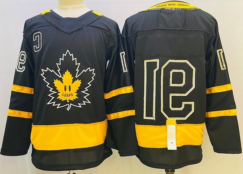 Men's Toronto Maple Leafs #91 John Tavares Black-Yellow with Justin Bieber For Reversible Jersey