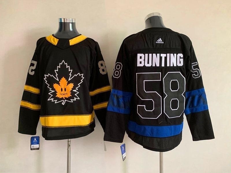 Men's Toronto Maple Leafs #58 Michael Bunting (one side black-blue and other side black-yellow) Reversible Jersey