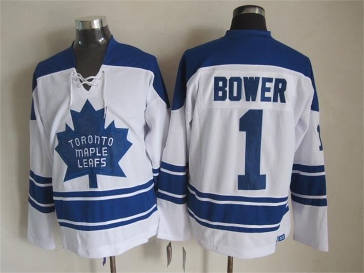 Men's Toronto Maple Leafs #1 Johnny Bower White Throwback CCM jersey