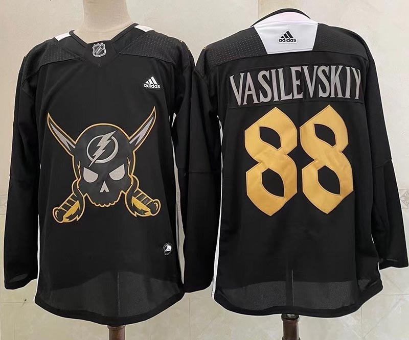 Men's Tampa Bay Lightning #88 Andrei Vasilevskiy Black Gasparilla Inspired Pirate-Themed Warmup Stitched Jersy