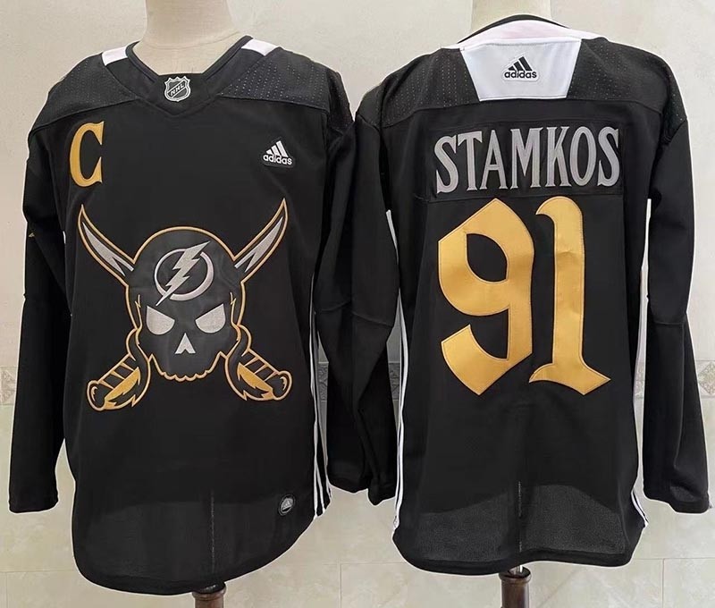 Men's Tampa Bay Lightning #91 Steven Stamkos Black Gasparilla Inspired Pirate-Themed Warmup Stitched Jersy