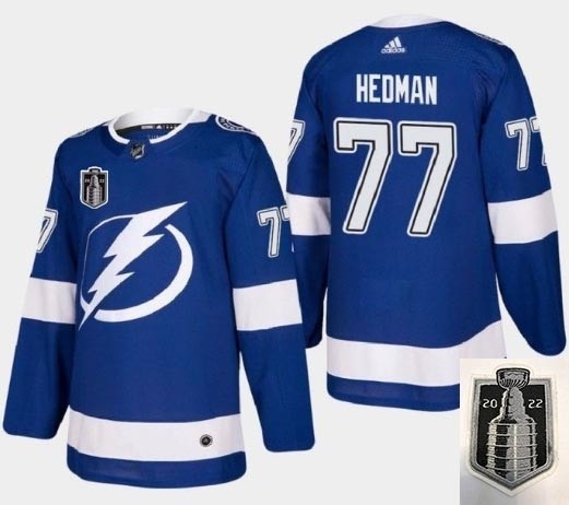 Men's Tampa Bay Lightning #77 Victor Hedman 2022 Blue Stanley Cup Final Patch Stitched Jersey