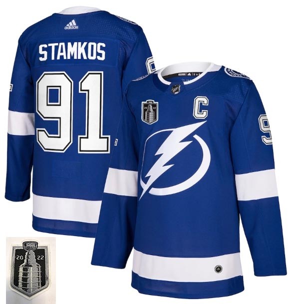 Men's Tampa Bay Lightning #91 Steven Stamkos 2022 Blue Stanley Cup Final Patch Stitched Jersey