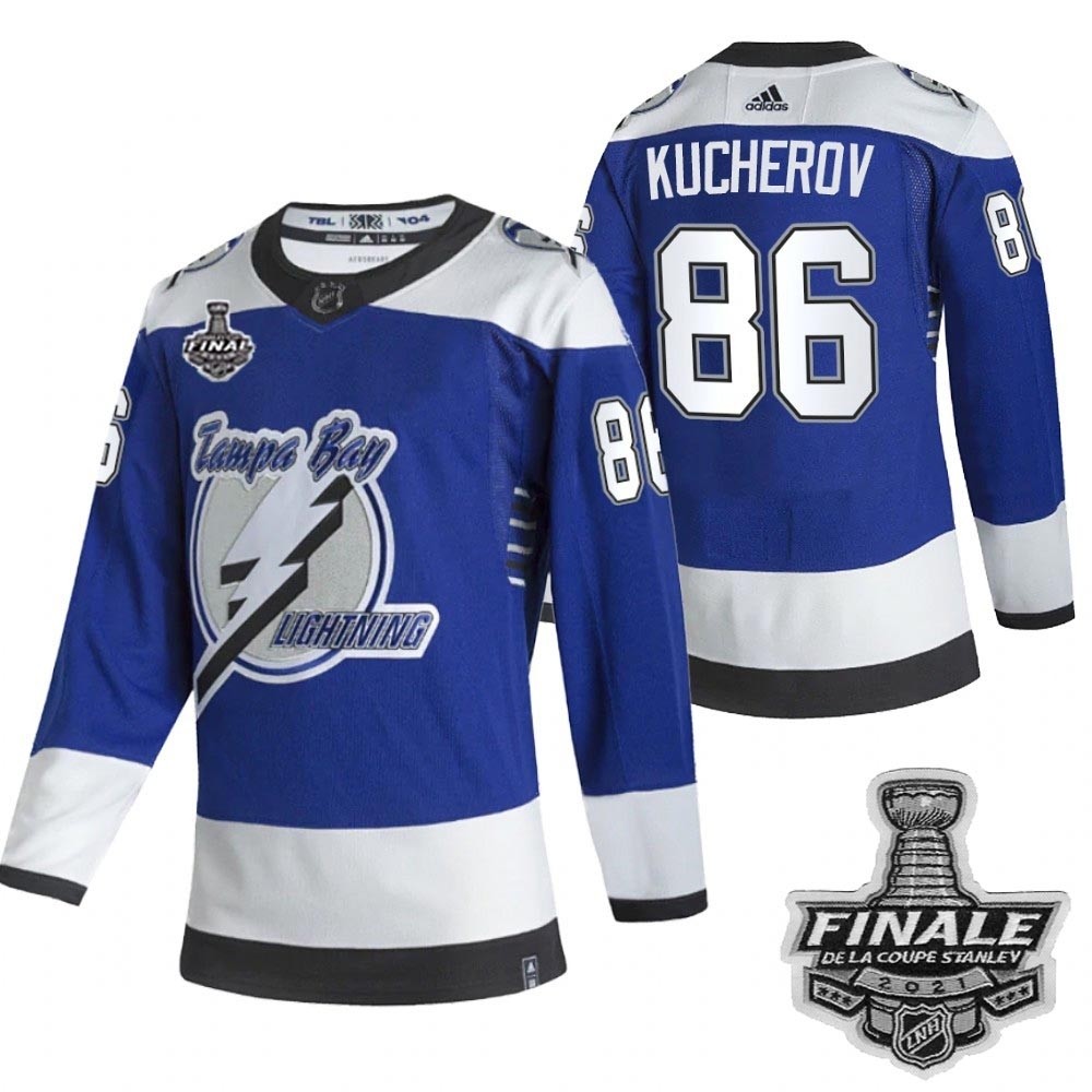 Tampa Bay Lightning #86 Nikita Kucherov Blue Road Authentic 2021 NHL Stanley Cup Final Patch Reverse Retro Jersey