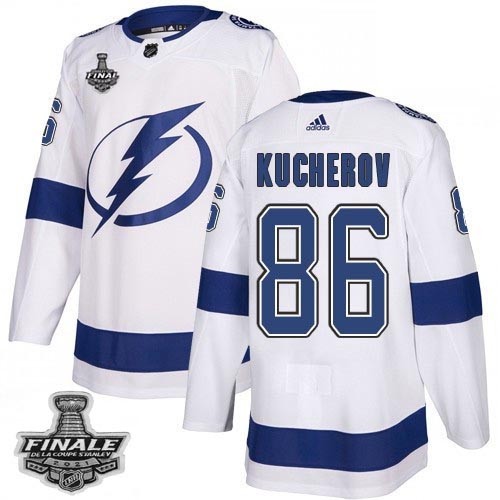 Tampa Bay Lightning #86 Nikita Kucherov White Road Authentic 2021 NHL Stanley Cup Final Patch Jersey