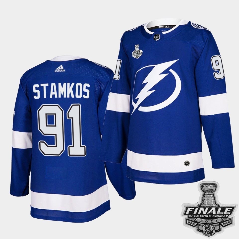 Tampa Bay Lightning #91 Steven Stamkos Blue Home Authentic 2021 NHL Stanley Cup Final Patch Jersey