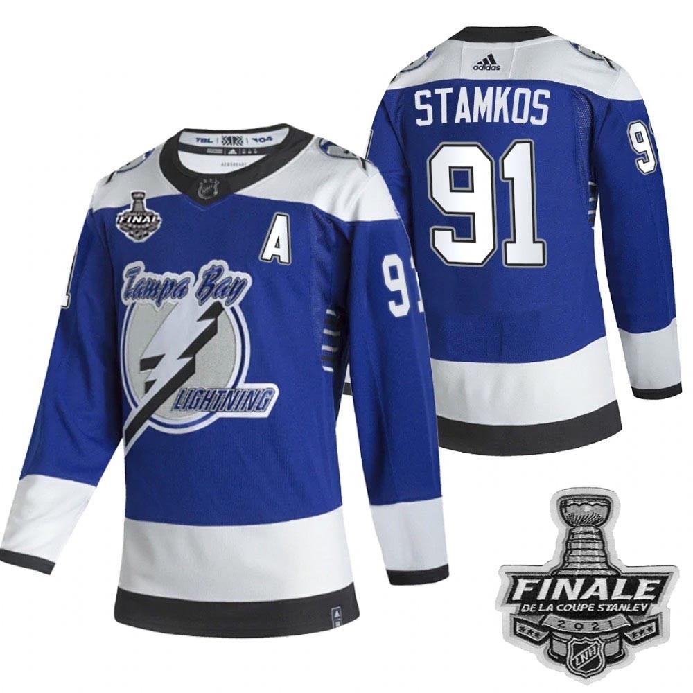 Tampa Bay Lightning #91 Steven Stamkos Blue Road Authentic 2021 NHL Stanley Cup Final Patch Reverse Retro Jersey