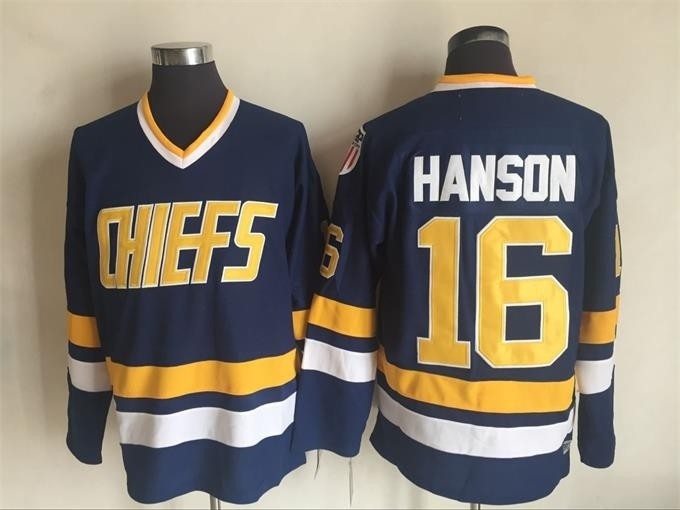 Men's Charlestown Chiefs #16 Jack Hanson Navy Throwback CCM Jersey