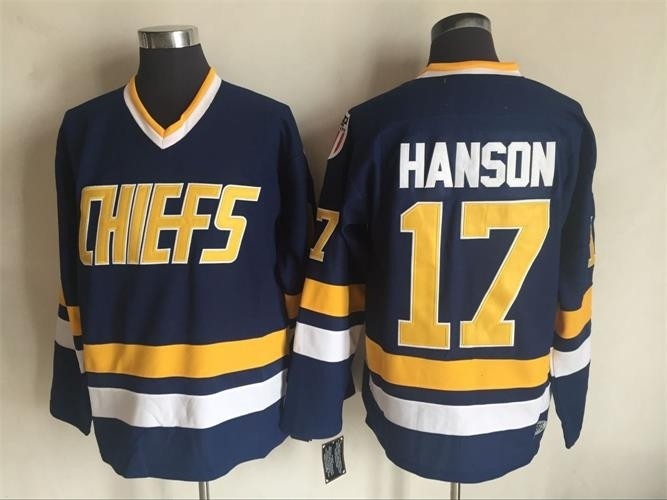 Men's Charlestown Chiefs #17 Steve Hanson Navy Throwback CCM Jersey