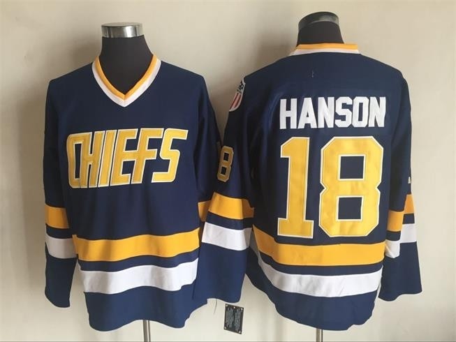 Men's Charlestown Chiefs #18 Jeff Hanson Navy Throwback CCM Jersey