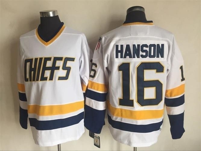 Men's Charlestown Chiefs #16 Jack Hanson White With Navy Word Throwback CCM Jersey