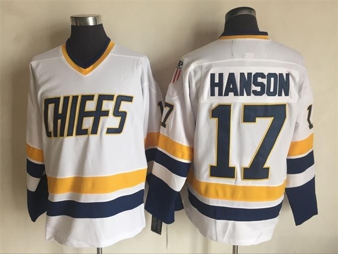 Men's Charlestown Chiefs #17 Steve Hanson White With Navy Word Throwback CCM Jersey