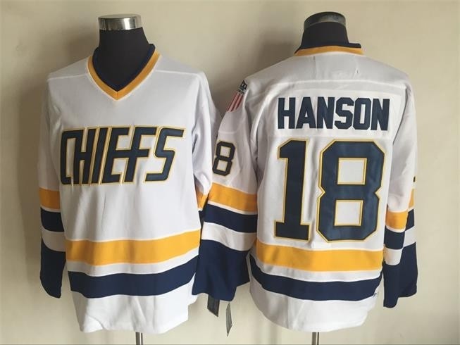 Men's Charlestown Chiefs #18 Jeff Hanson White With Navy Word Throwback CCM Jersey