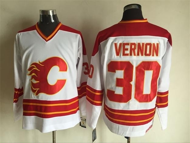 Men's Calgary Flames #30 Mike Vernon White Throwback CCM Jersey