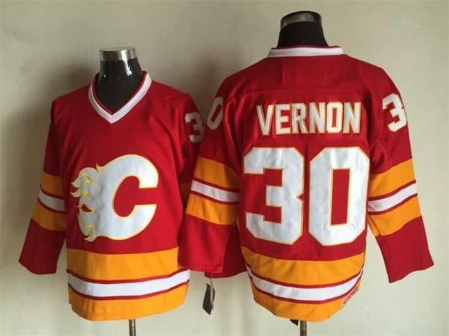 Men's Calgary Flames #30 Mike Vernon Red Throwback CCM Jersey