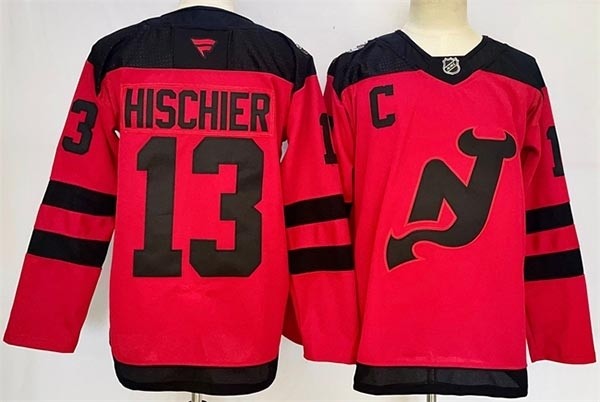 Men's New Jersey Devils #13 Nico Hischier Red With C Patch 2024 Stadium Series Jersey