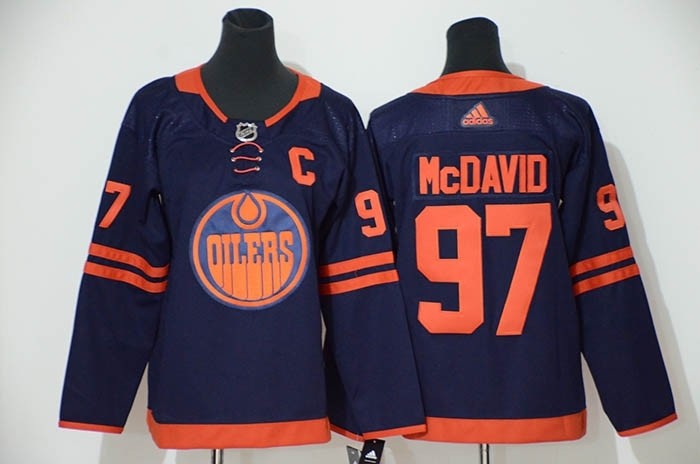 Women Edmonton Oilers #97 Connor McDavid Navy 50th Anniversary Adidas Jersey