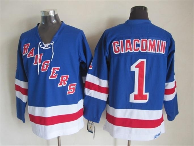 Men's New York Rangers #1 Eddie Giacomin Blue Throwback CCM Jersey