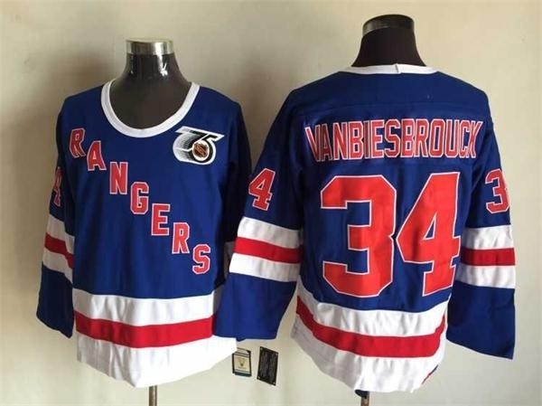 Men's New York Rangers #34 John Vanbiesbrouck Blue 75TH Throwback CCM Jersey