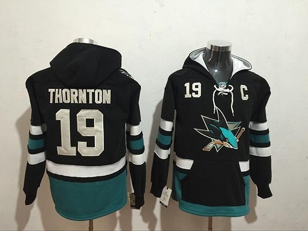 NHL San Jose Sharks #19 Joe Thornton Black All Stitched Hooded Sweatshirt