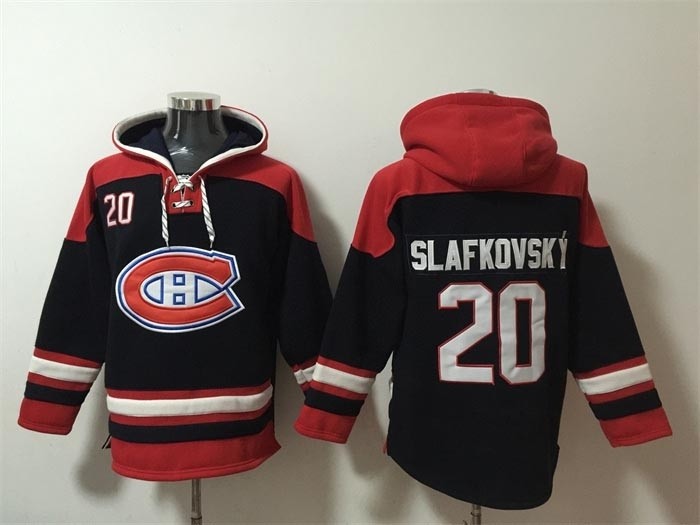 Men's Montreal Canadiens #20 Juraj Slafkovsky Navy Red Lace-Up Pullover Hoodie