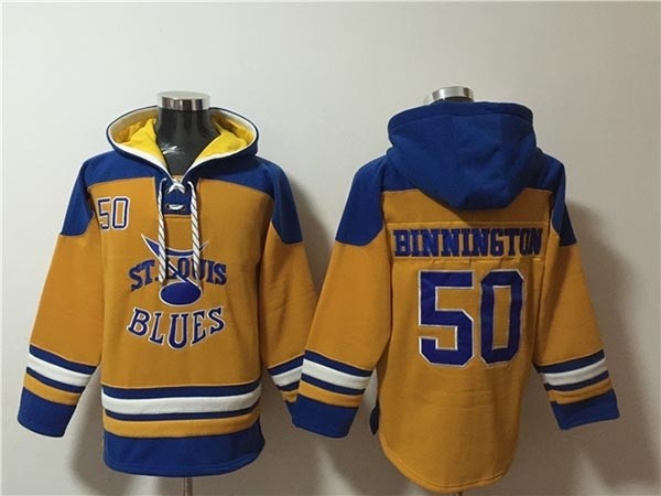 Men's St.Louis Blues #50 Jordan Binnington Yellow Ageless Must-Have Lace-Up Pullover Hoodie