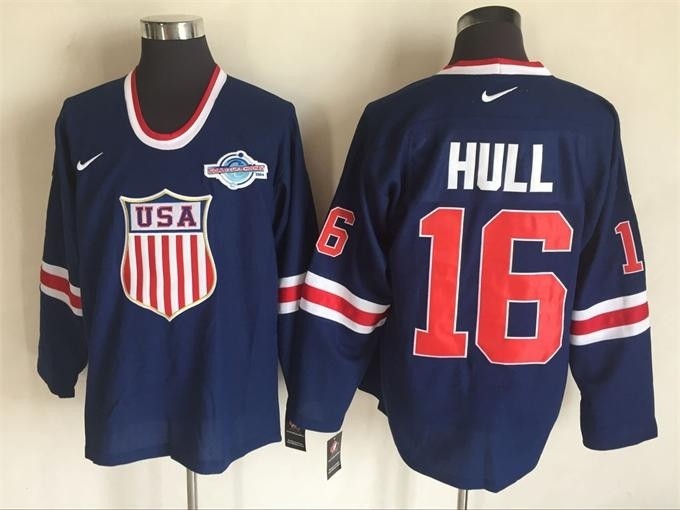 NHL 2014 Team USA Olympic #16 Brett Hull Navy blue Throwback jersey