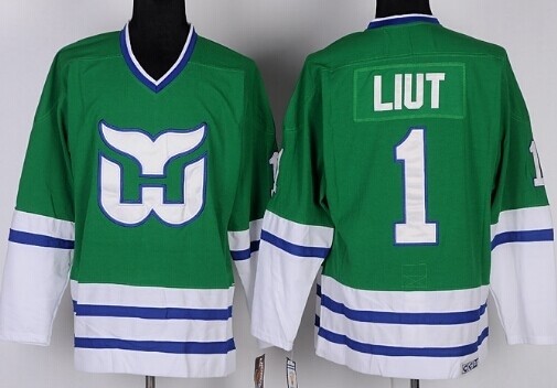 Men's Hartford Whalers #1 Mike Liut Green Throwback CCM Jersey