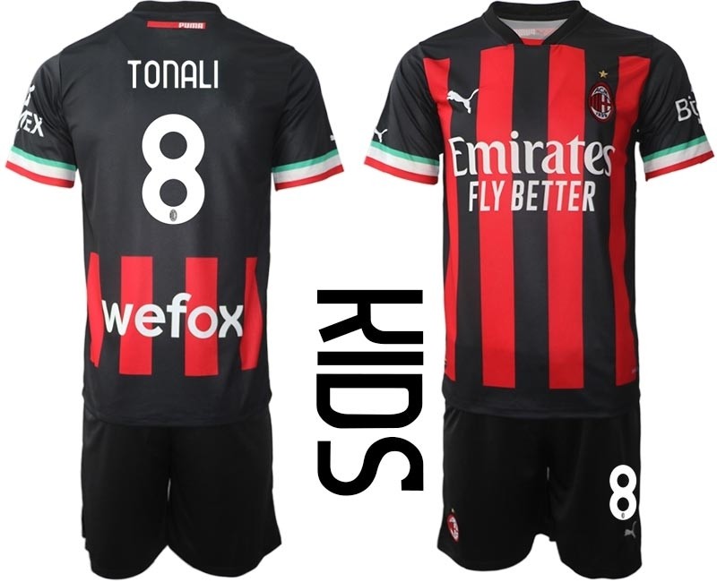 2022-23 Youth AC Milan #8 Sandro Tonali Red-Black Home Soccer Jersey