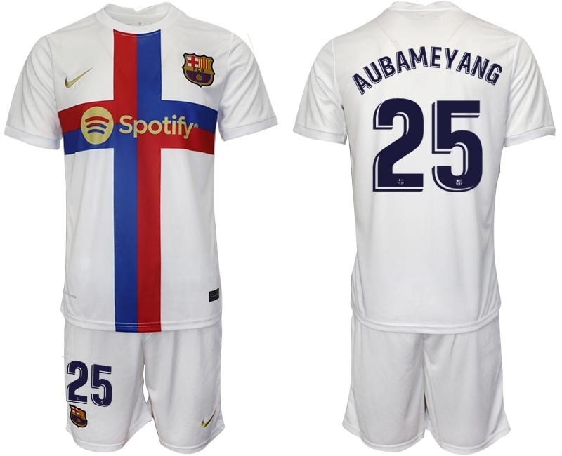 2022-23 Barcelona #25 Pierre-Emerick Aubameyang White Away jersey