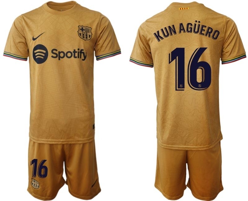 2022-23 Barcelona #16 Kun Aguero Yellow Away Soccer jersey