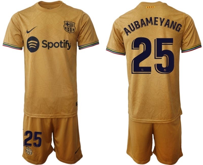 2022-23 Barcelona #25 Pierre-Emerick Aubameyang Yellow Away Soccer jersey