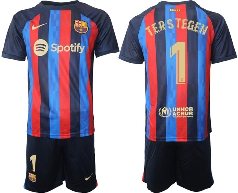 2022-23 Barcelona #1 Ter Stegen Blue and Red Home jersey