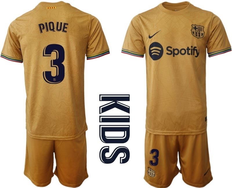 2022-23 Youth Barcelona #3 Gerard Pique Yellow Away Soccer jersey