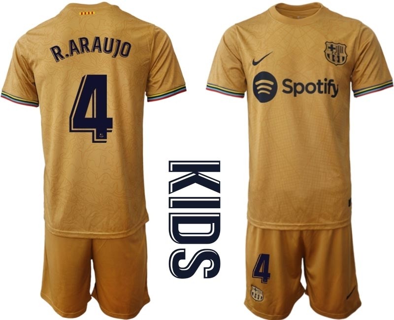 2022-23 Youth Barcelona #4 R.Araujo Yellow Away Soccer jersey