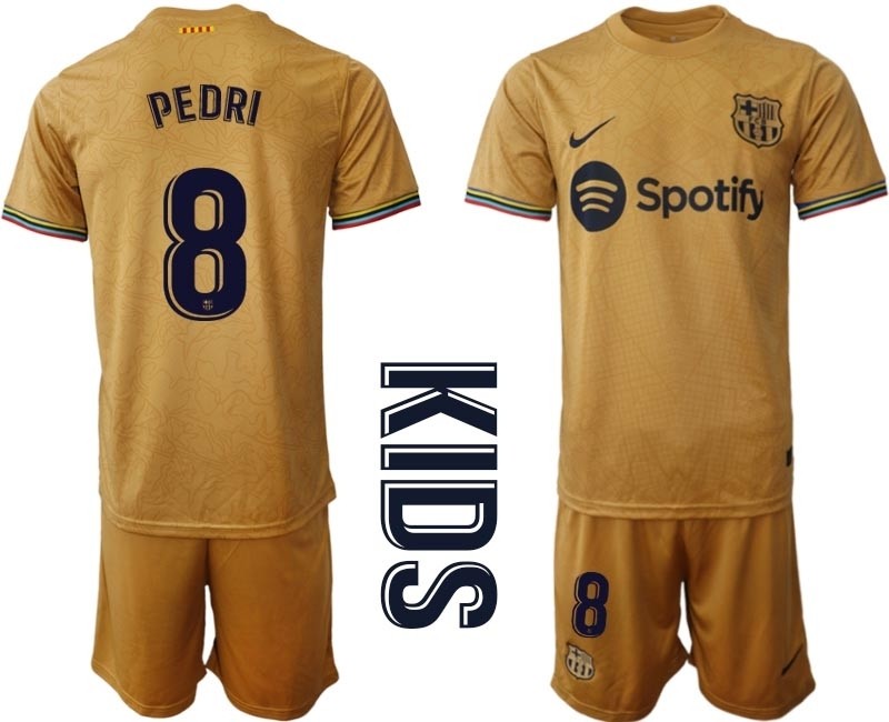 2022-23 Youth Barcelona #8 Pedri Yellow Away Soccer jersey