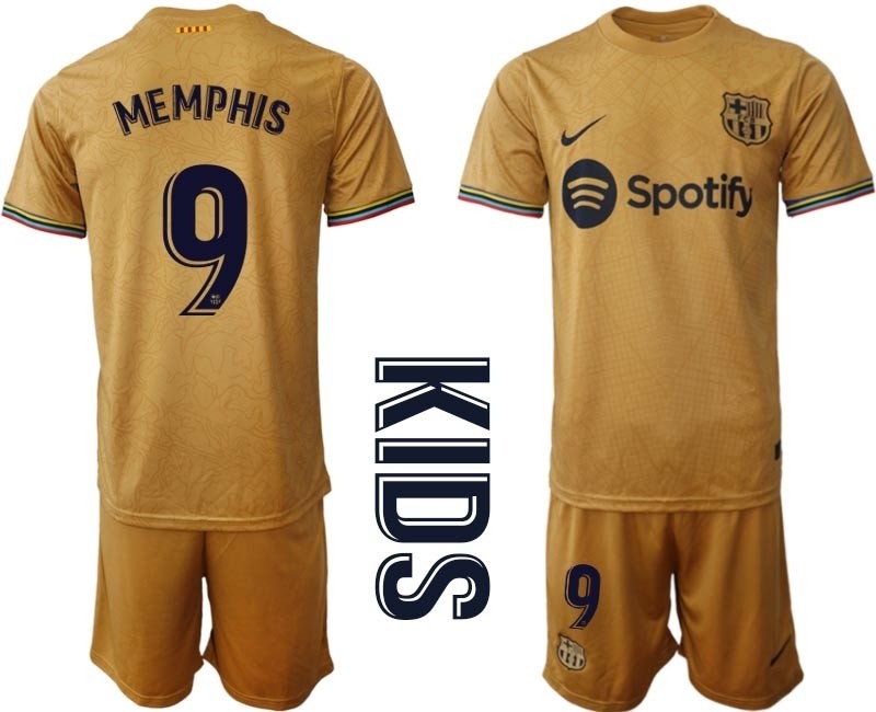 2022-23 Youth Barcelona #9 Memphis Yellow Away Soccer jersey