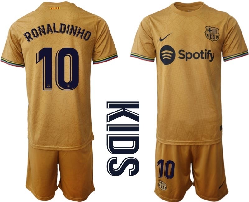 2022-23 Youth Barcelona #10 Ronaldinho Yellow Away Soccer jersey