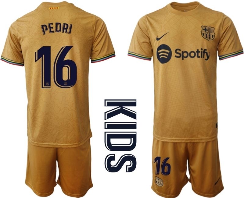 2022-23 Youth Barcelona #16 Pedri Yellow Away Soccer jersey