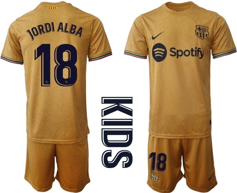 2022-23 Youth Barcelona #18 Jordi Alba Yellow Away Soccer jersey