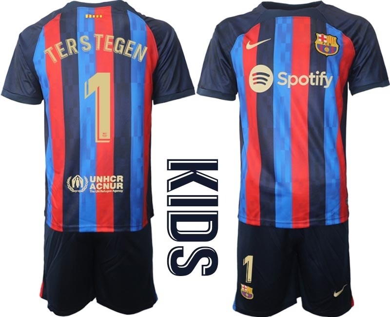 2022-23 Youth Barcelona #1 Ter Stegen Blue and Red Home jersey