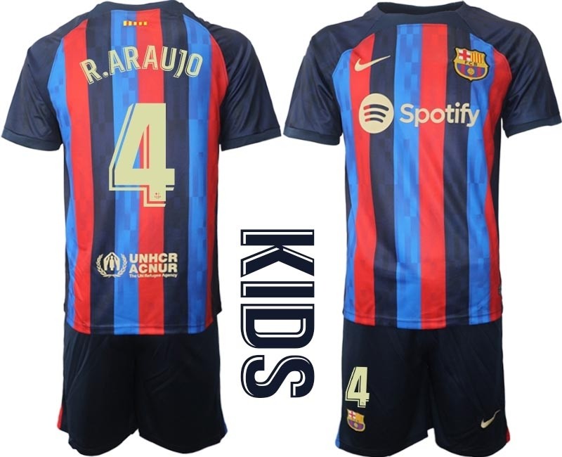 2022-23 Youth Barcelona #4 R.Araujo Blue and Red Home jersey