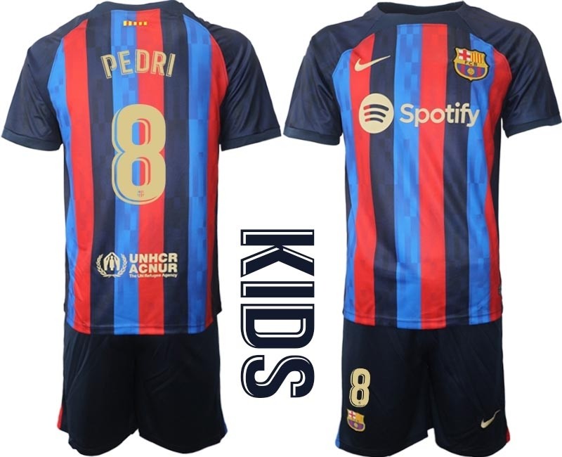 2022-23 Youth Barcelona #8 Pedri Blue and Red Home jersey