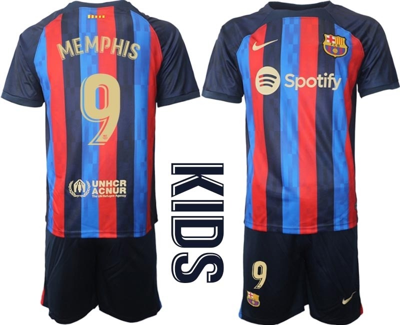 2022-23 Youth Barcelona #9 Memphis Blue and Red Home jersey